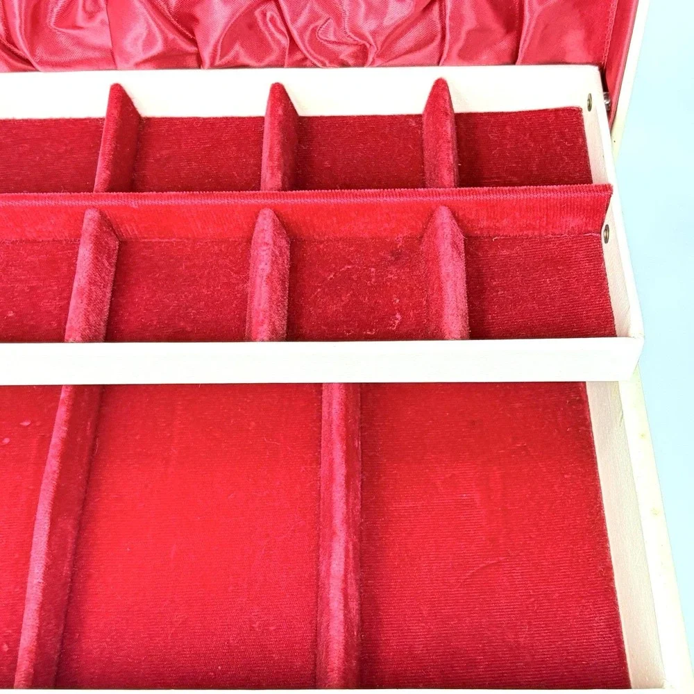 Vintage Jewelry Box Ivory Gold 3 Tier w/ Drawer Red Velvet Satin Lining 12x8